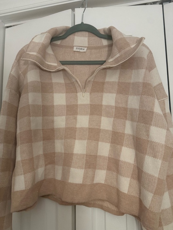 Storia Sweaters - Storia Beige & Cream Check Half-Zip Turtleneck Sweater